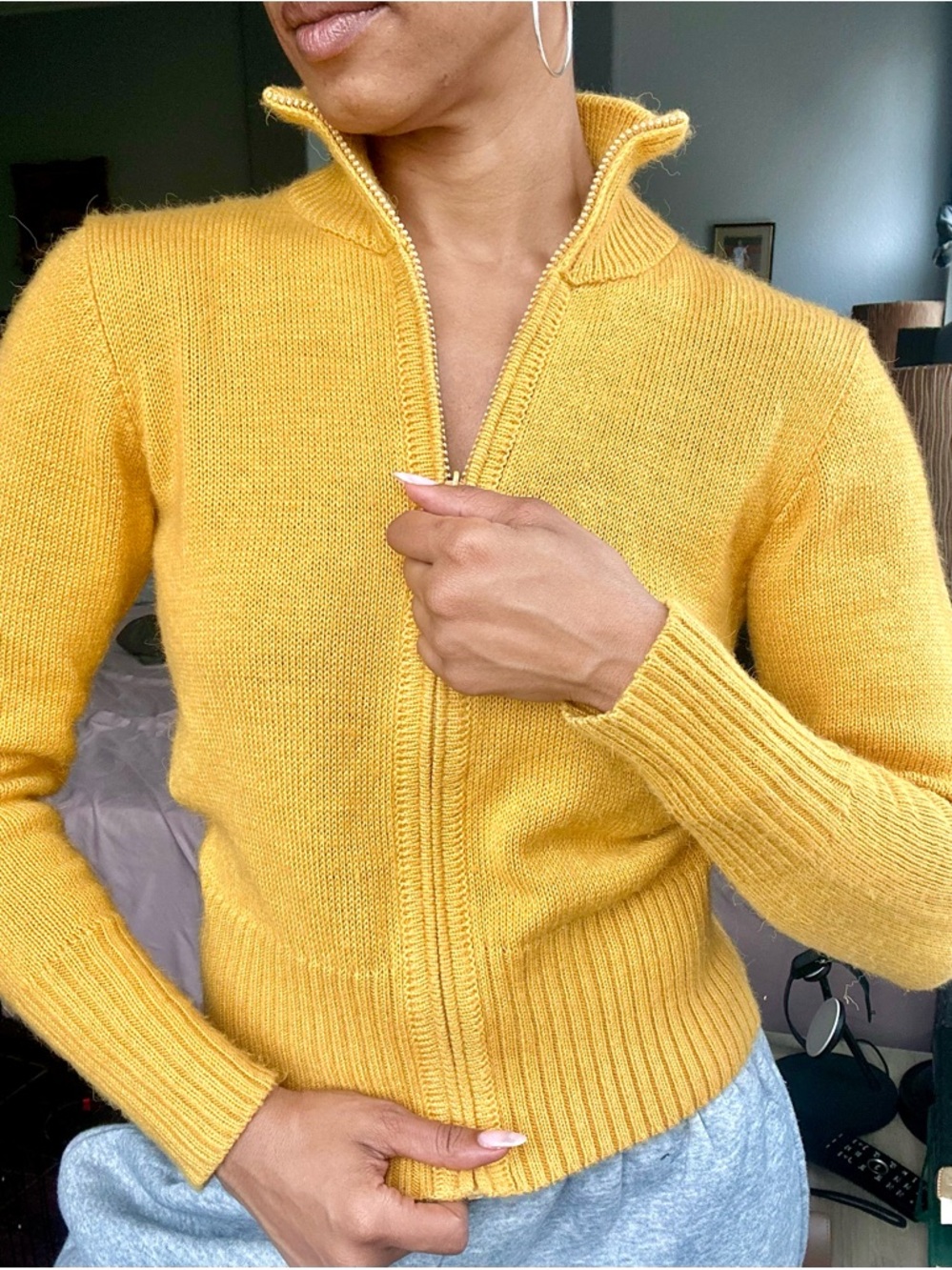 Women’s Mustard Zip-Front Mock Neck Cardigan